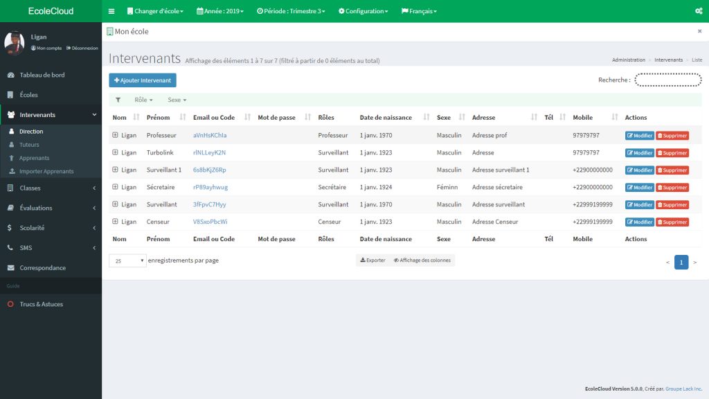 EcoleCloud : Gestion des intervenants de la direction