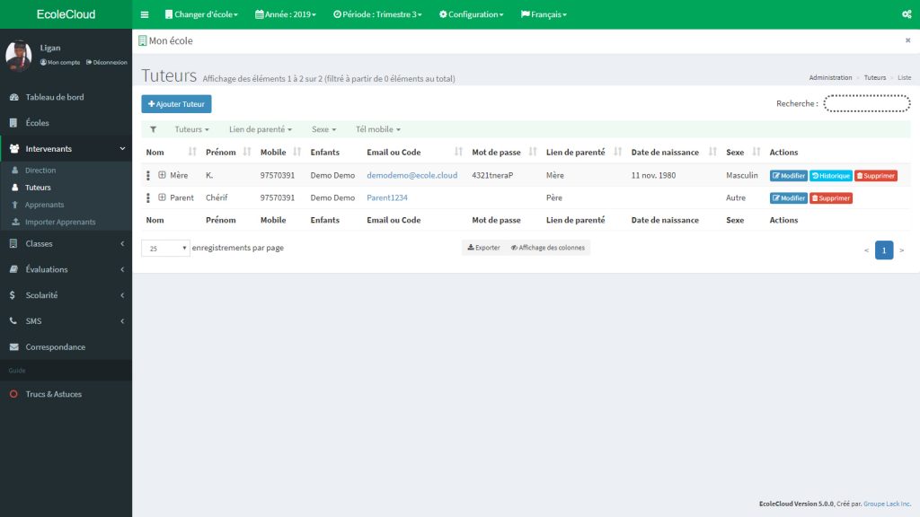 EcoleCloud : Gestion des tuteurs