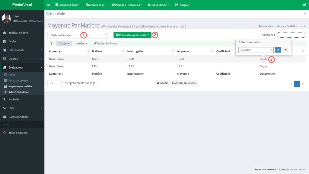 EcoleCloud : Moyennes par matière