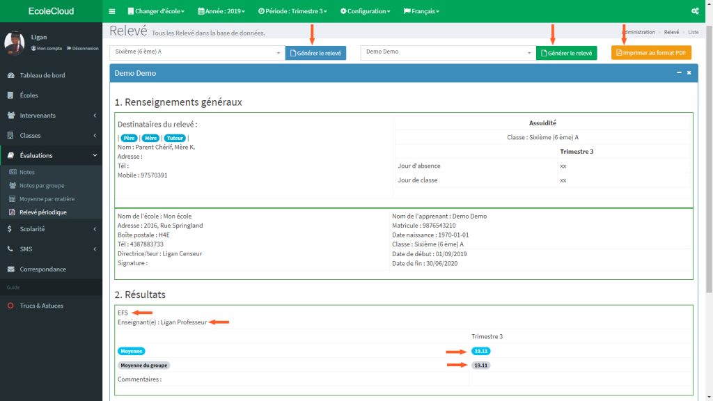 EcoleCloud : Relevé de notes