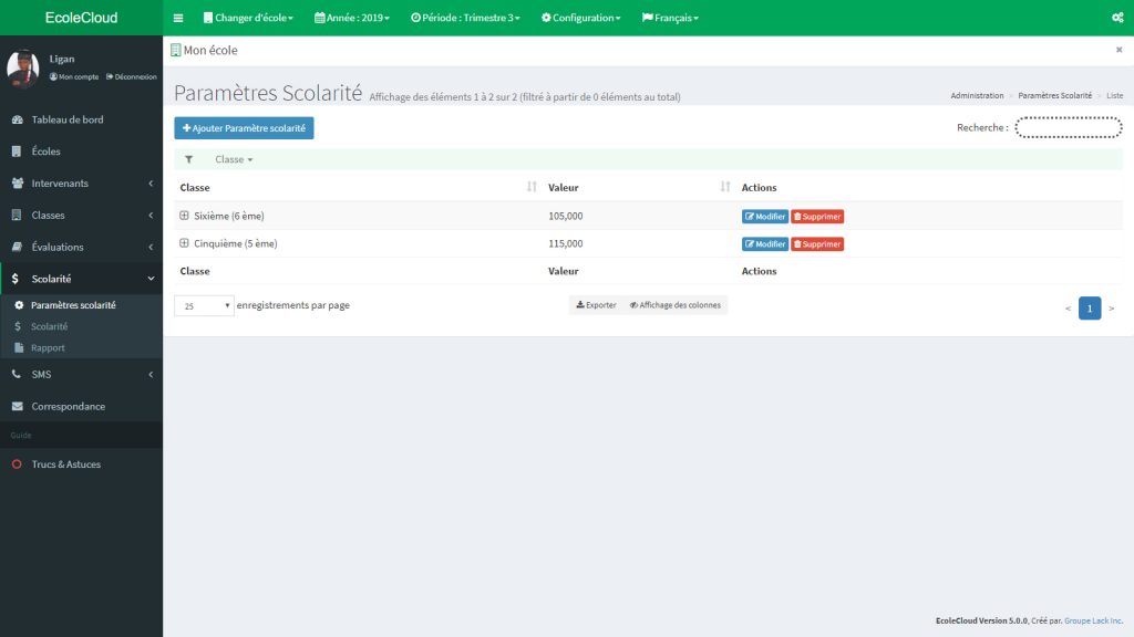EcoleCloud : Paramètre scolarité