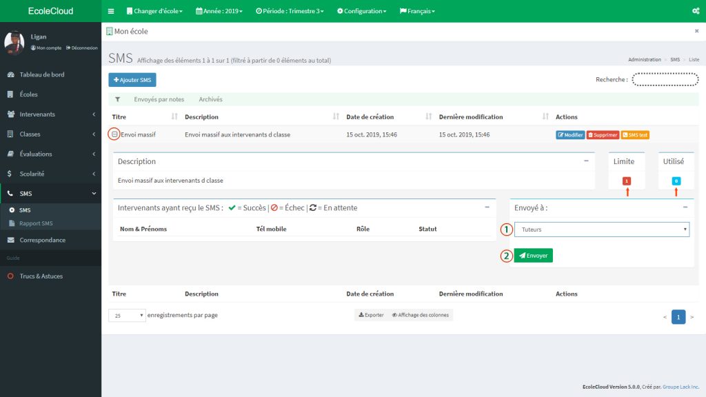 EcoleCloud : Gestion des SMS